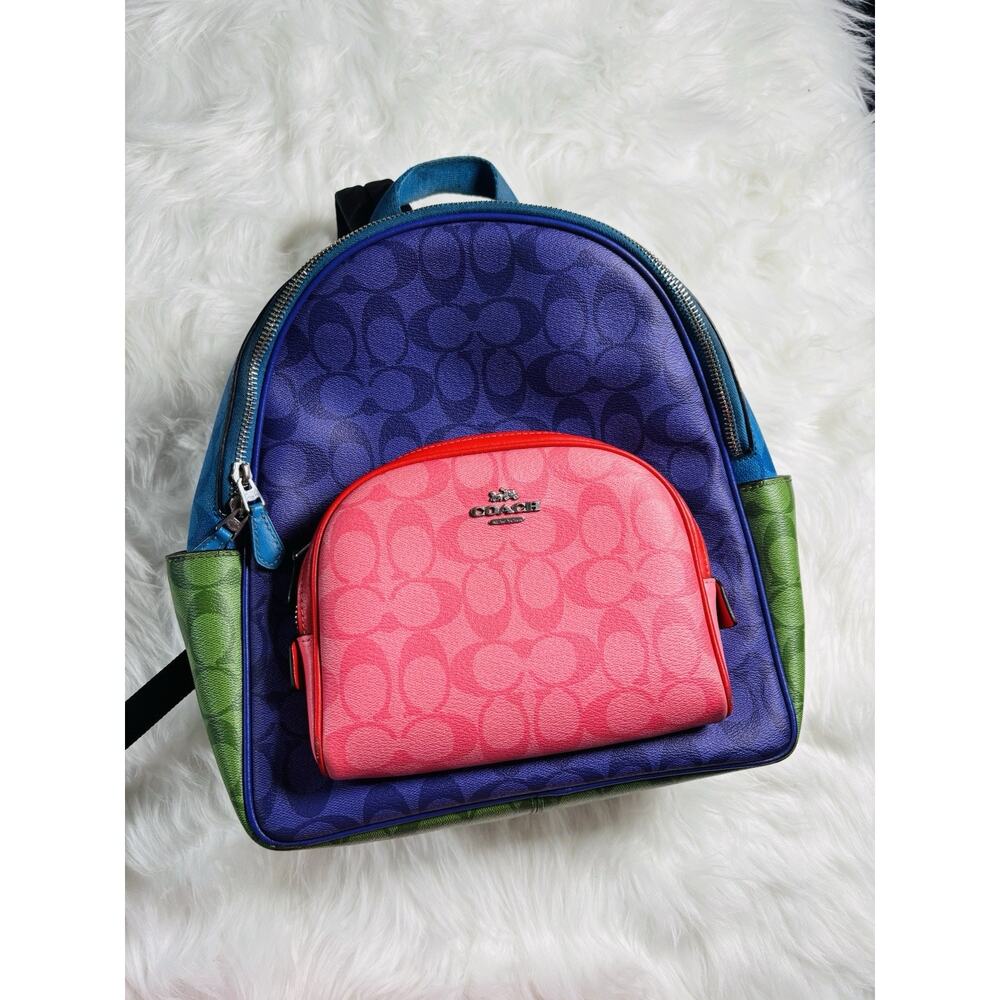 Coach RARE CA156 Court Backpack In Rainbow Signature Canvas Multi Hard To Find - Picture 2 of 15